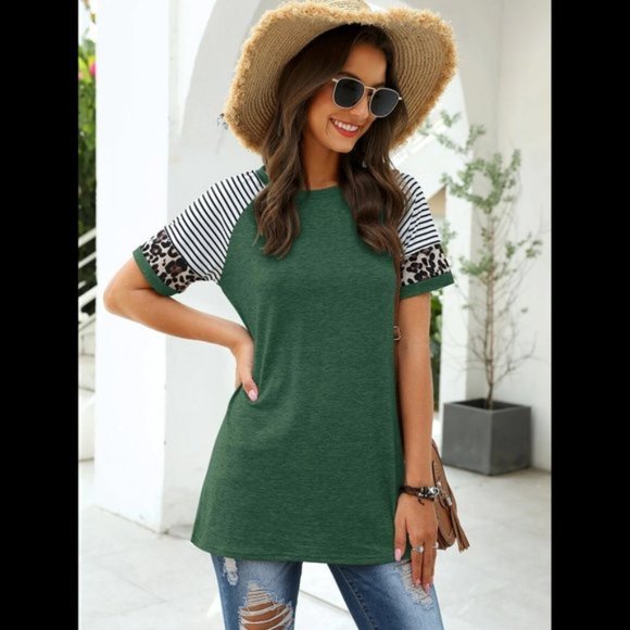 Green T-Shirt w/ Striped and Leopard Print sleeves - Picture 6 of 6